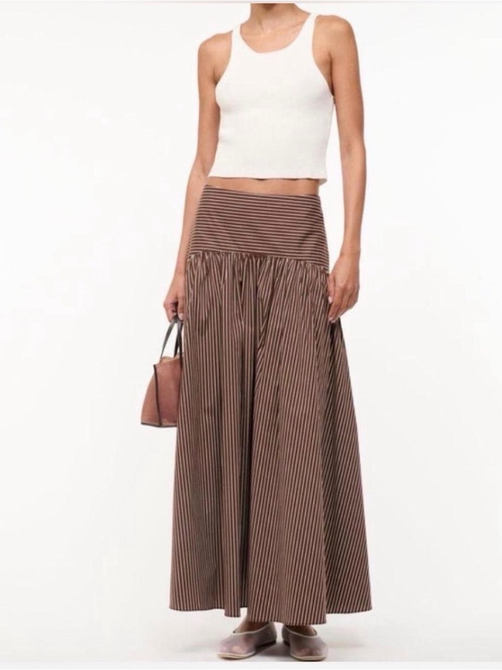 STAUD Brown Striped Pleated Maxi Skirt Size 0 High Waist Full A-Line